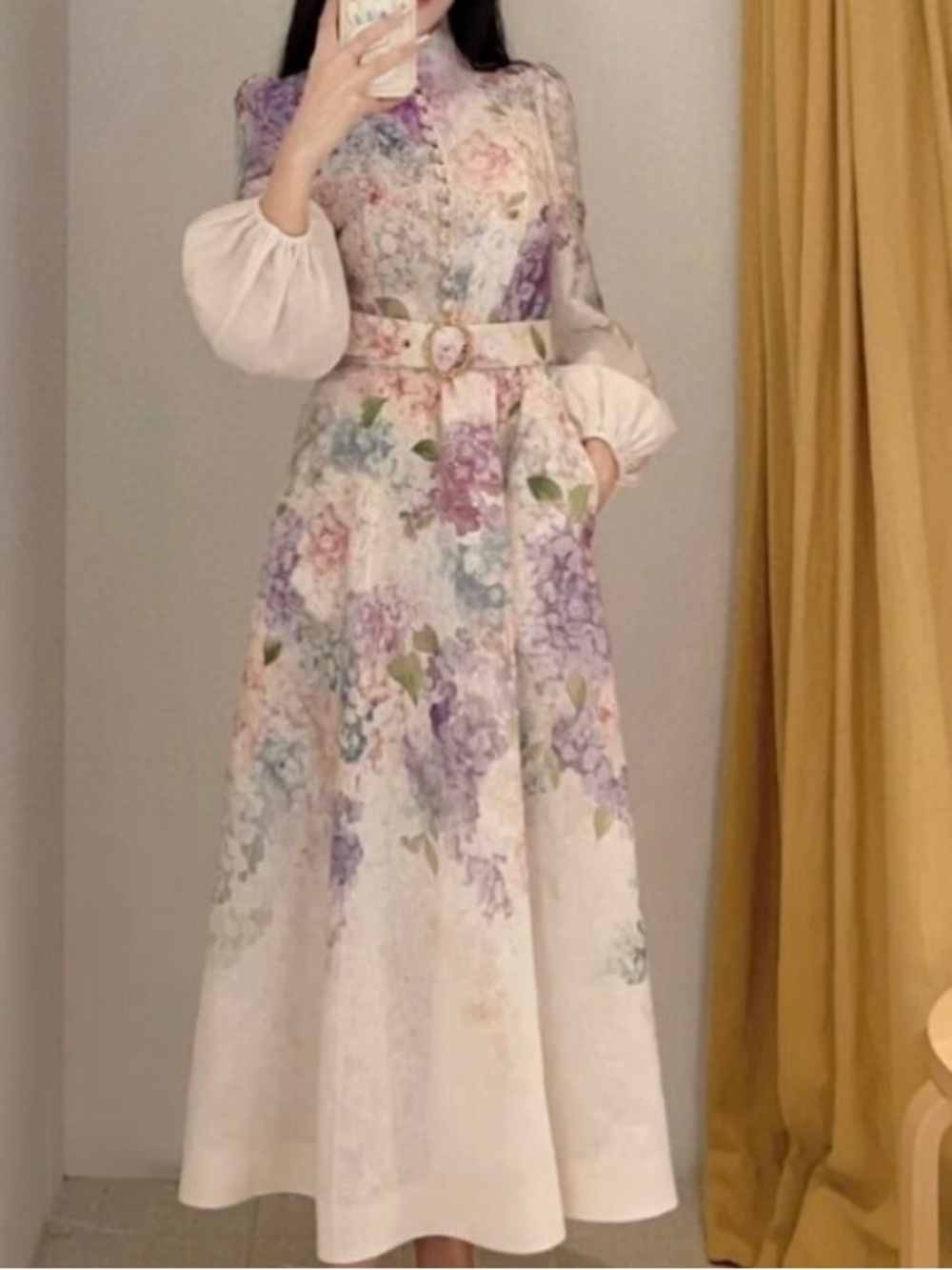 Zimmermann Floral Pastel Belted Girls' Dress with Puff Sleeves